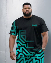 Men's Plus Size Black Fashion Maze Geometric Pattern Chest Small Label Printed Round Neck Short Sleeve T-Shirt Shorts Suit